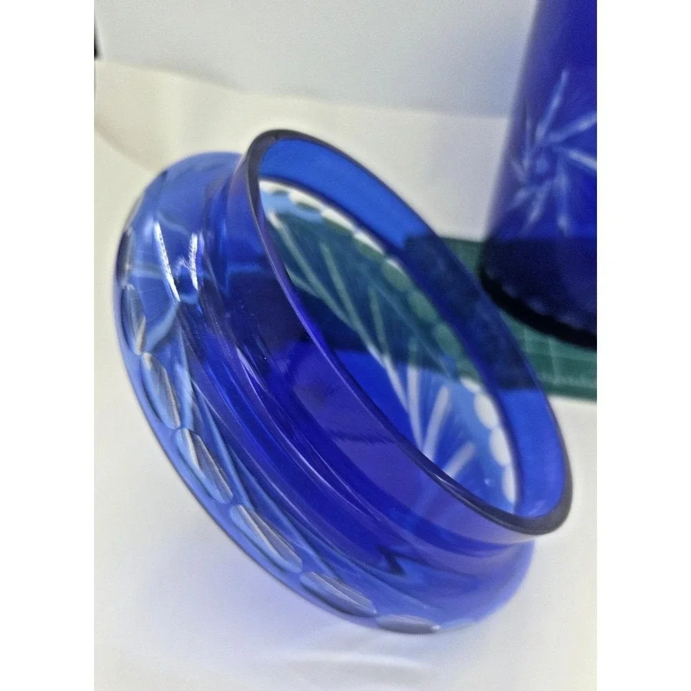 Bohemian Czech Cobalt Blue Cut to Clear Pinwheel Biscuit Cookie Jar Ice Bucket